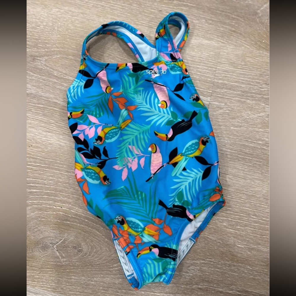 Speedo Kids One Piece Swimsuit - Blue with Tropical Birds